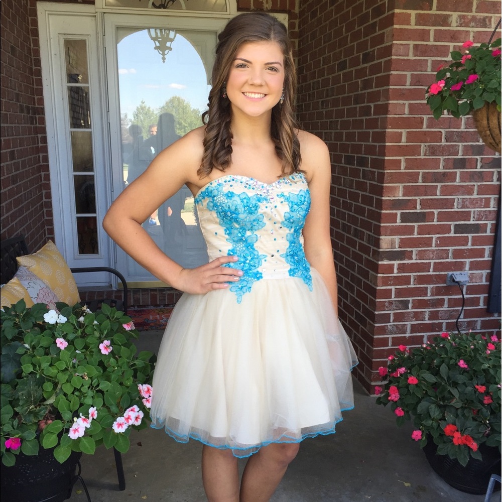 Blue and Tan Beaded Homecoming Dress